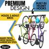 Koova USA-Made Garage Wall Mount Bike Rack for 2, 3 or 6 Bicycles | Wide Hooks Fit Regular and Fat Tire Bikes | Includes Helmet Storage | Easy to Install | Powder Coated Black Metal view 2