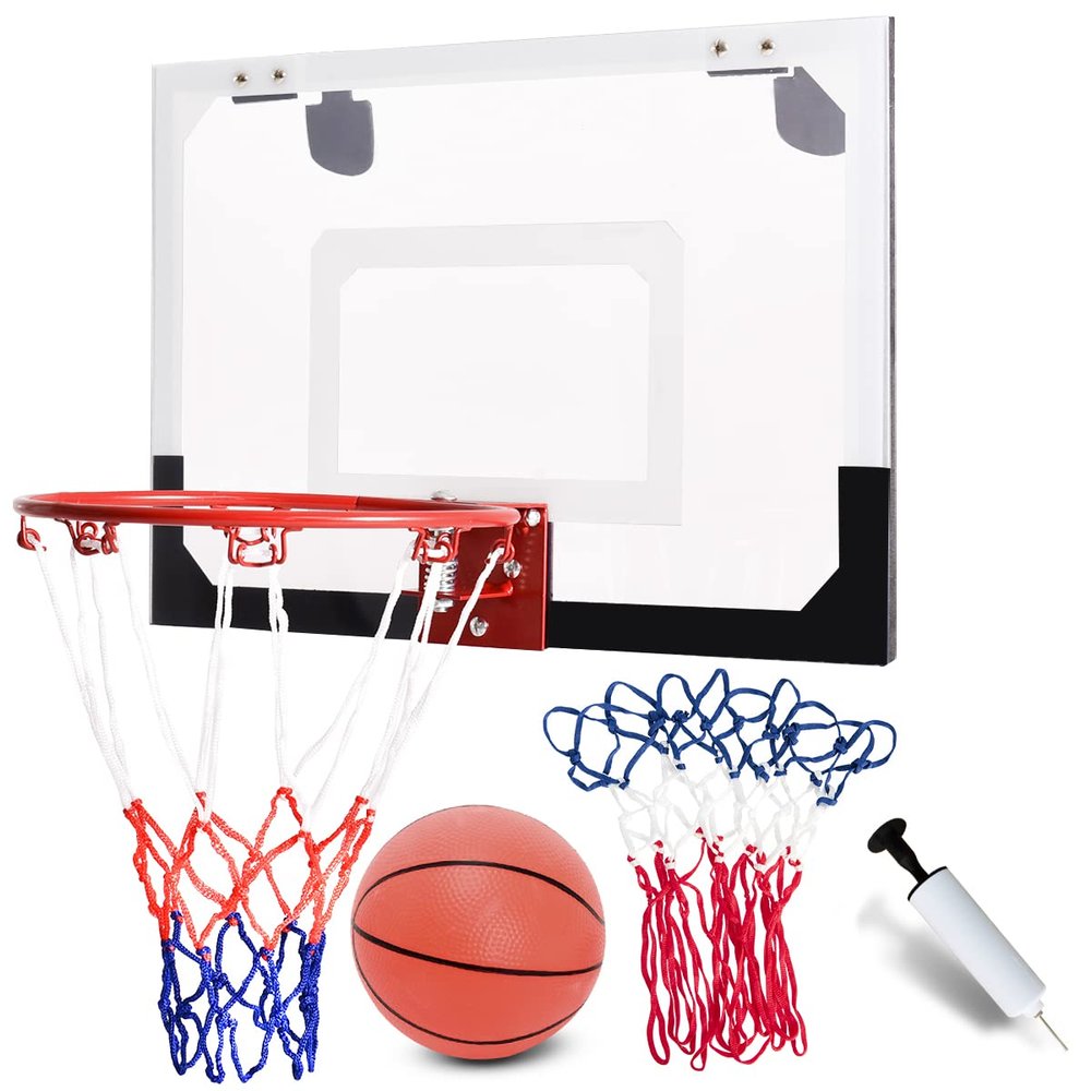 HAPPYGRILL Mini Basketball Hoop 18 x 12 Over-The-Door Basketball Backboard Indoor Outdoor Sports Exercise with Ball and Hand Pump Set