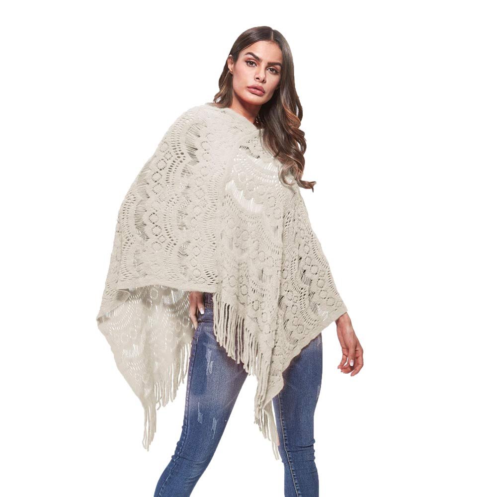 JJ-GOGO Poncho Coat For Women-Ladies Women Knitting Crochet Wings Bat Sweater Tassels Wrap Coat Shawl Poncho(XL) Off-White
