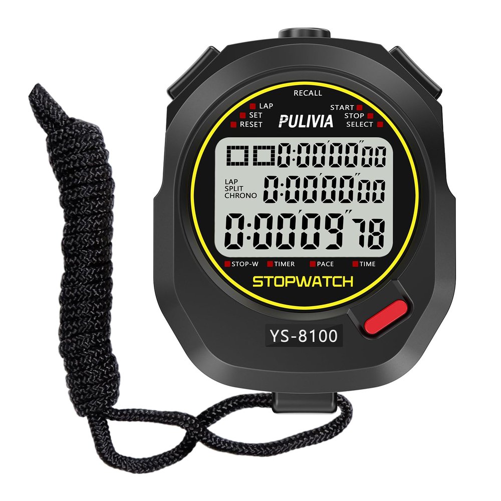 PULIVIA Stopwatch Timer 10 Splits/Laps Digital Stop Watch for Sports, Countdown Alarm Clock Date Memory Recall Large Display, Stopwatch for Coaches PE-Teacher Referee (Black, 100 Splits/laps)