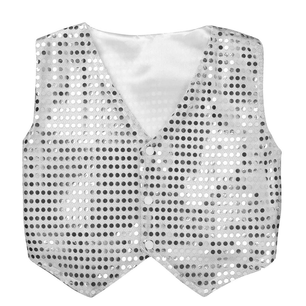 YONGHS Kids Boys Girls Shiny Sequins Hip Hop Jazz Dance Party Costume Stage Performance Vest Waistcoat Silver 10-12