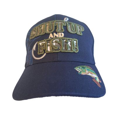 Artisan Owl Shut Up and Fish! Embroidered Fishing Cap - Adjustable Hook and Loop Closure (Navy Blue)