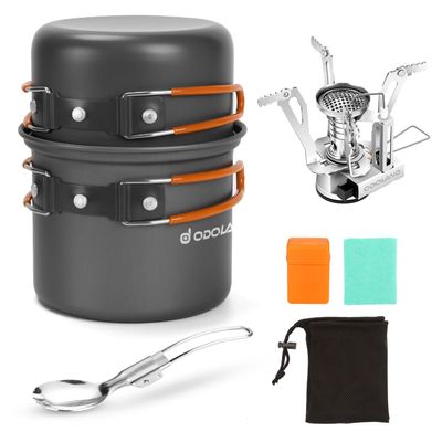 Odoland 6pcs Camping Cookware Mess Kit with Lightweight Pot, Stove, Spork and Carry Mesh Bag, Great for Backpacking Outdoor Camping Hiking and Picnic