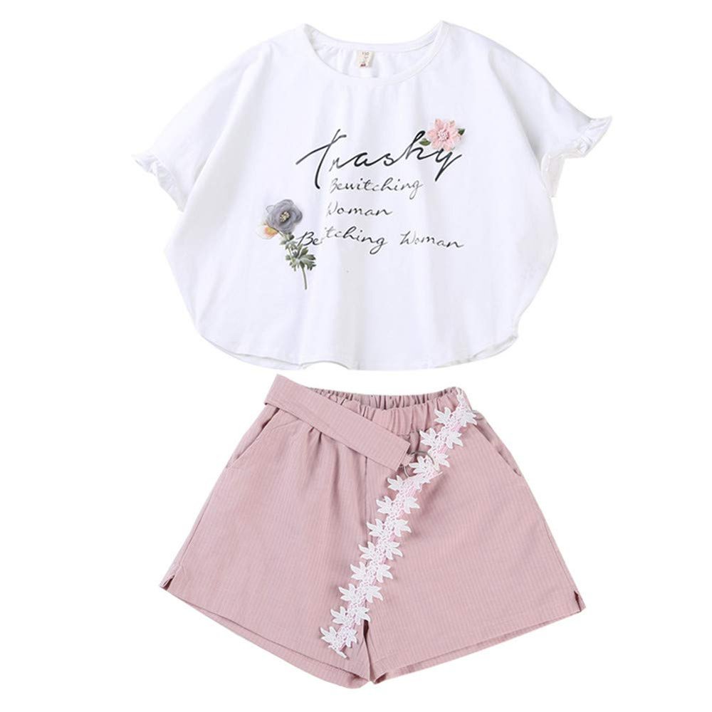 FTSUCQ Girls Trendy Floral Printed Shirt Top + Striped Shorts (110CM/3-4Y)