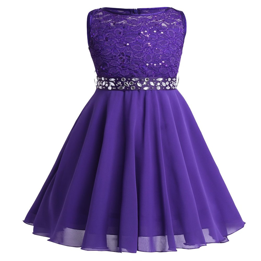 YONGHS Kids Flower Girls Wedding Dress Sequined Lace Chiffon Sleeveless Bridesmaid Pageant Formal Evening Gown Purple 8