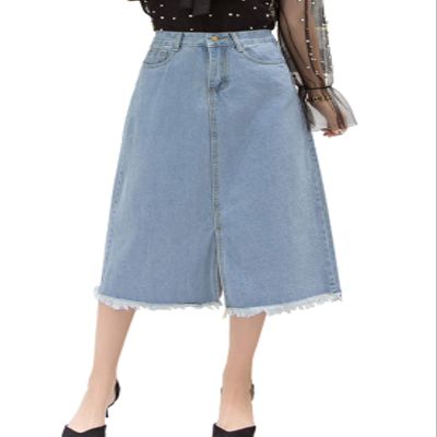chouyatou Women's Mid-Calf Frayed Raw Hem Front Slit A-Line Midi Denim Jean Skirt (X-Small, Light Blue)