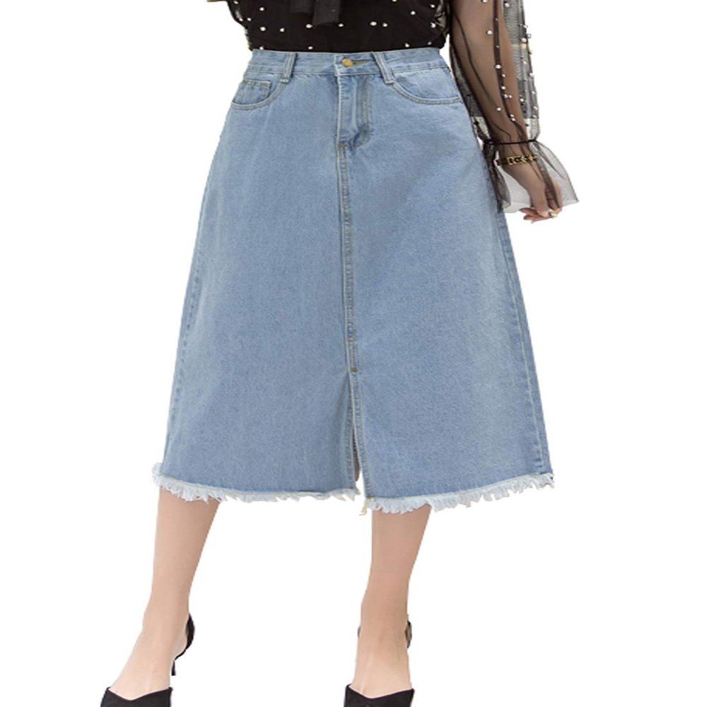 chouyatou Women's Mid-Calf Frayed Raw Hem Front Slit A-Line Midi Denim Jean Skirt (X-Small, Light Blue)