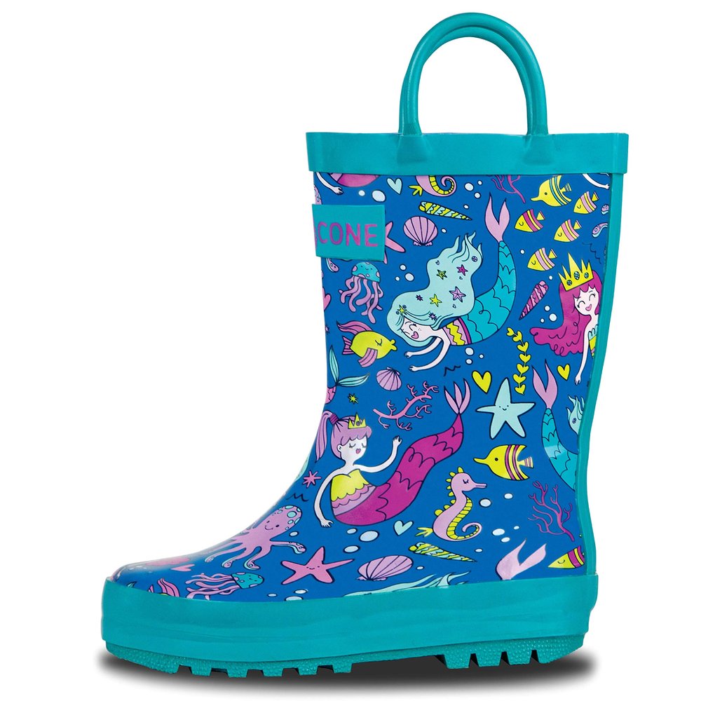LONECONE Rain Boots with Easy-On Handles in Fun Patterns for Boys and Girls, Play-Proof Flexible Rubber, Durable Non-Slip Treads, Kid-Friendly for Hours of Joy - Bootiful Mermaids, 4 Big Kid