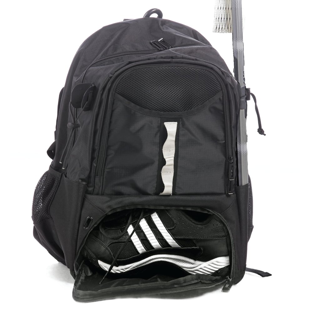 Athletico Turf Extra Large Lacrosse Backpack - Holds Lacrosse & Field Hockey Equipment - Two Stick Holders, Separate Cleats Compartment (Black)