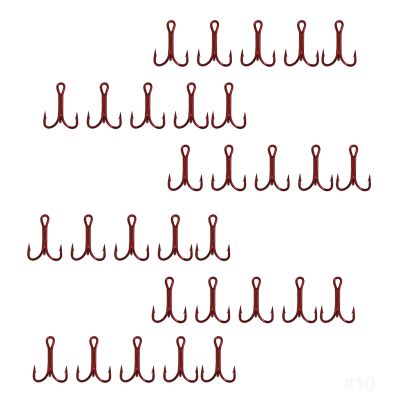 30pcs Fish WOW! Size #10 Fishing 3X Strong Treble Hooks Red Standard Shank Round Bend Size10