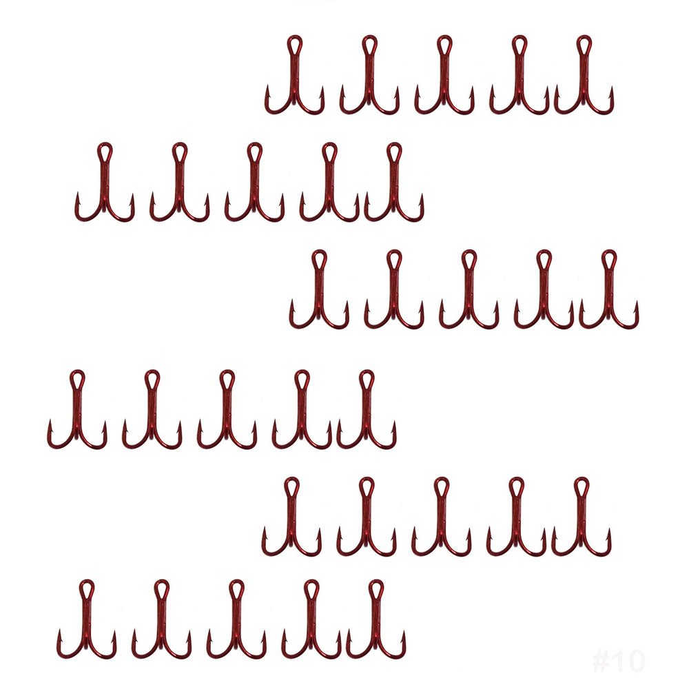30pcs Fish WOW! Size #10 Fishing 3X Strong Treble Hooks Red Standard Shank Round Bend Size10