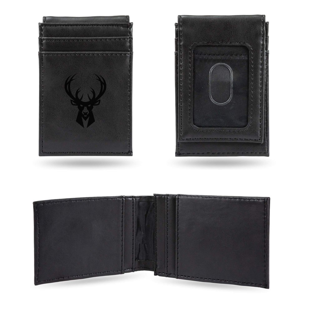 Rico Industries Laser Engraved Front Pocket Wallet, Milwaukee Bucks, Black, 2.75 x 4-"