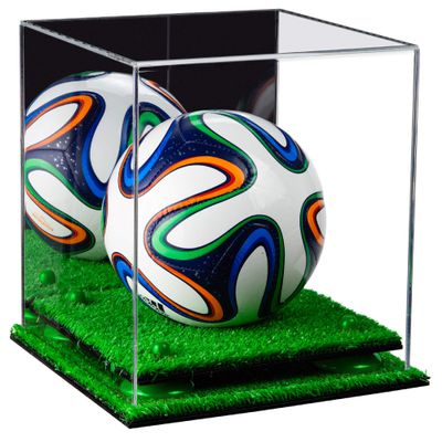 Better Display Cases Acrylic Mini - Miniature (not Full Size) Soccer Ball Display Case with Mirror Case, Green Risers and Turf Base (B03/A015)