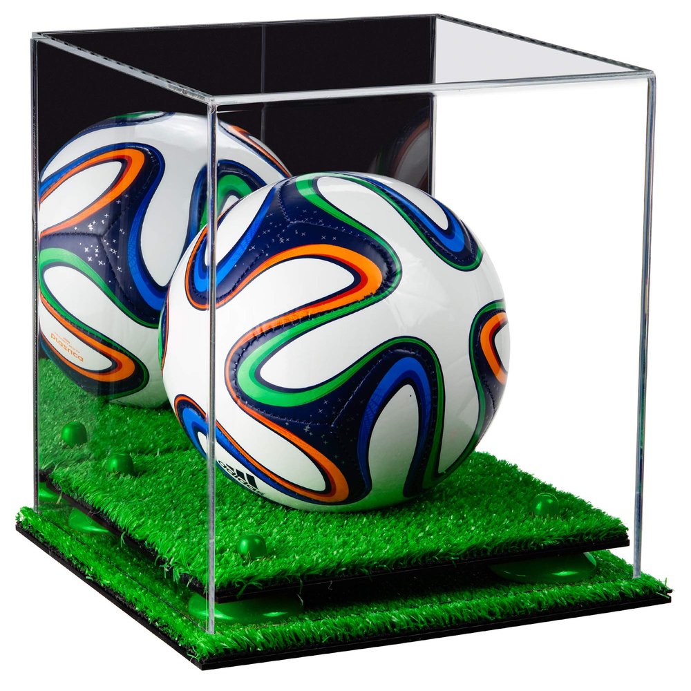 Better Display Cases Acrylic Mini - Miniature (not Full Size) Soccer Ball Display Case with Mirror Case, Green Risers and Turf Base (B03/A015)