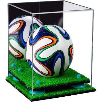 Better Display Cases Acrylic Mini - Miniature (not Full Size) Soccer Ball Display Case with Mirror Case, Light Blue Risers and Turf Base (B03/A015)