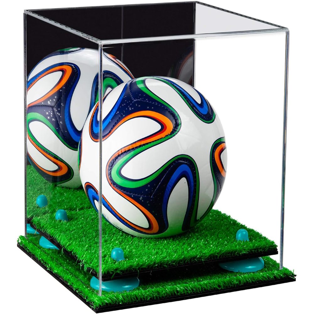 Better Display Cases Acrylic Mini - Miniature (not Full Size) Soccer Ball Display Case with Mirror Case, Light Blue Risers and Turf Base (B03/A015)