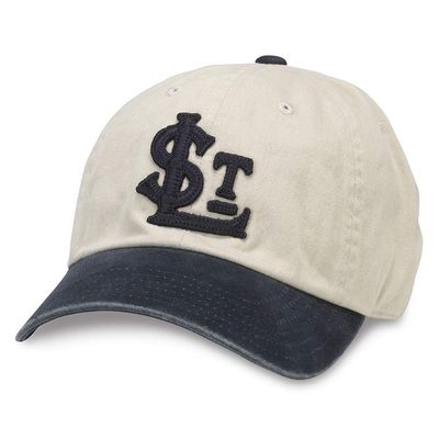AMERICAN NEEDLE Federal Professional League Baseball Dad Buckle Strap Hat, St. Louis Terriers, Stone Khaki/Navy