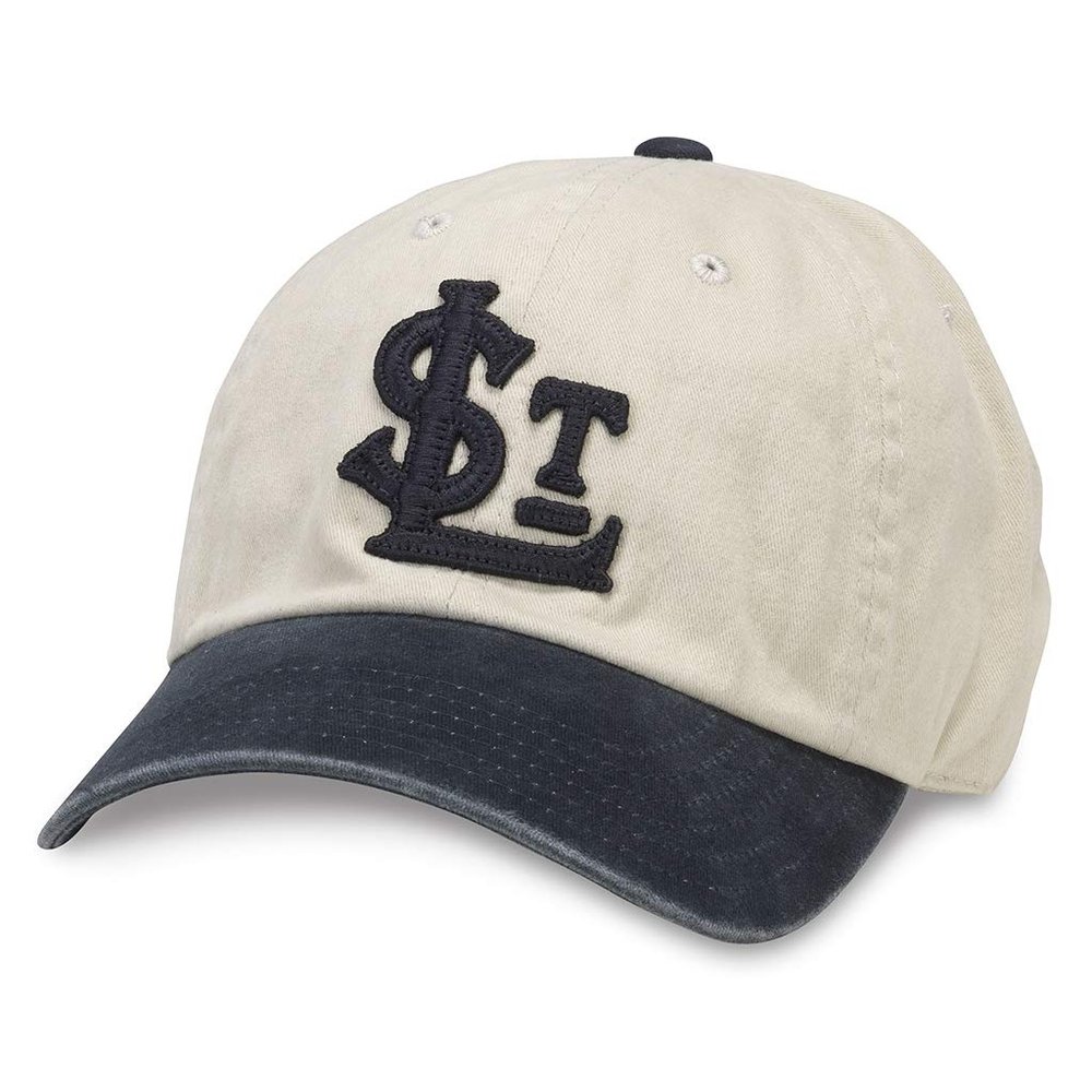 AMERICAN NEEDLE Federal Professional League Baseball Dad Buckle Strap Hat, St. Louis Terriers, Stone Khaki/Navy