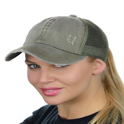 C.C Ponycap Messy High Bun Ponytail Adjustable Mesh Trucker Baseball Cap Hat, Distressed Khaki