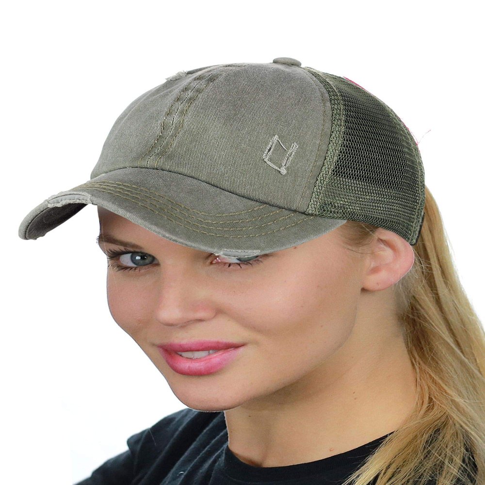C.C Ponycap Messy High Bun Ponytail Adjustable Mesh Trucker Baseball Cap Hat, Distressed Khaki