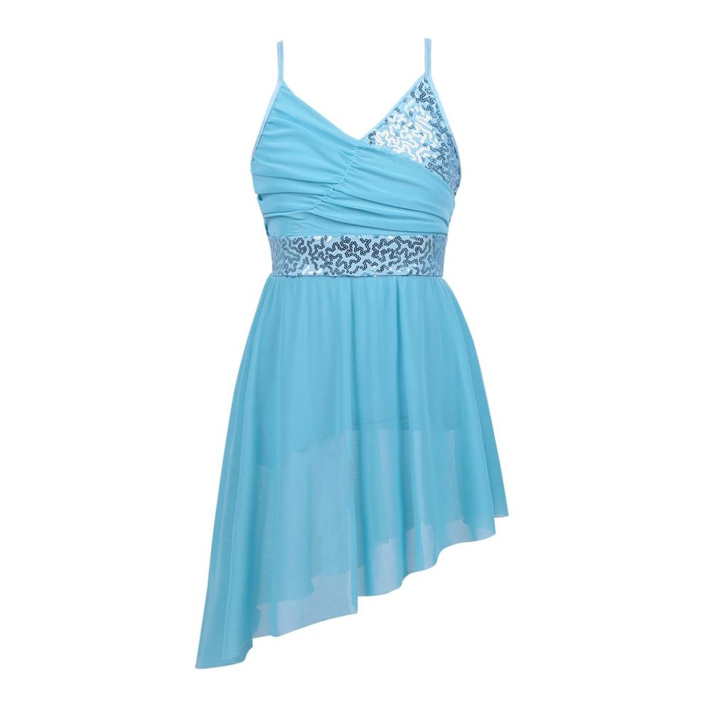 YONGHS Kids Latin Jazz Dance Leotard Dress Spaghetti Shoulder Straps Sequins High Low Hem Dancewear Light Blue 7-8
