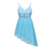 YONGHS Kids Latin Jazz Dance Leotard Dress Spaghetti Shoulder Straps Sequins High Low Hem Dancewear Light Blue 7-8 view 2