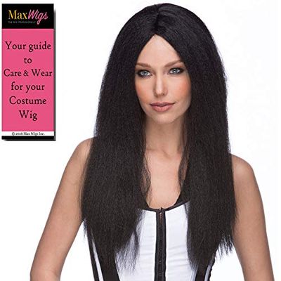 20" Long Parted Wig Color 1 Black - Sepia Wigs Waynes World Garth Indian Rocker Warrior Ozzi Witch Synthetic Part Halloween Cosplay Disfraz Peluca Bundle MaxWigs Costume Wig Care Booklet