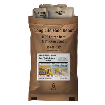 MRE Entrees Variety Pack (6-Pack)  Beef & Chicken Combo  Main Courses Only (Not Full Meals)  Long Shelf Life  2023, 2024 Production Dates by Long Life Food Depot  Meals Ready to Eat