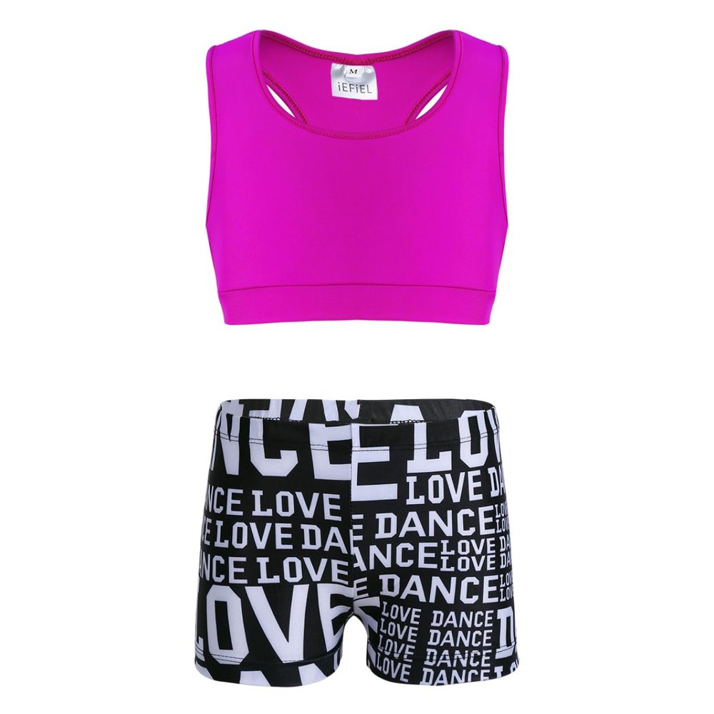 inlzdz Kids Girls 2pcs Athletic Outfits Crop Top with Booty Shorts Gymnastics Dancing Leotard Swimsuit Rose&Black 3-4 Years