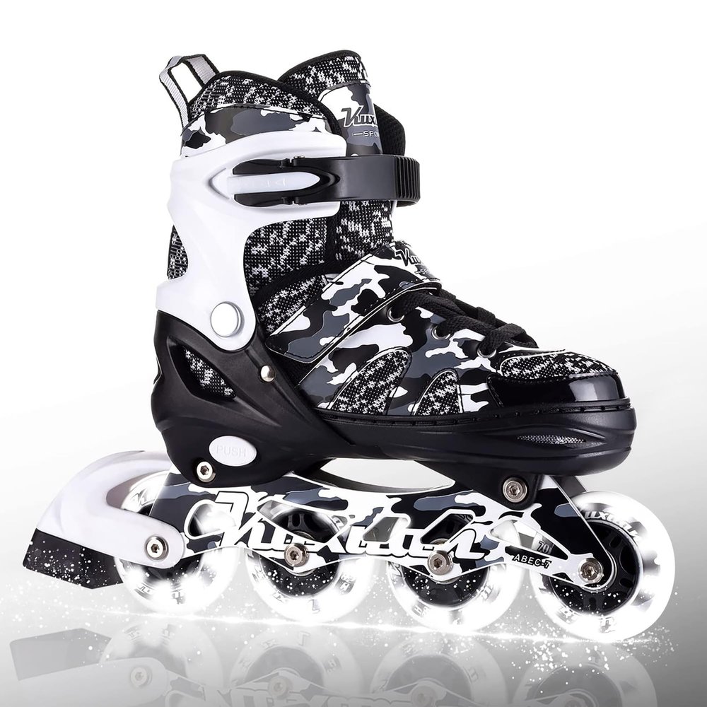 Kuxuan Skates Adjustable Inline Skates for Kids and Youth with Full Light Up Wheels Camo Outdoor Fun Illuminating Skates for Girls and Boys Beginner Black
