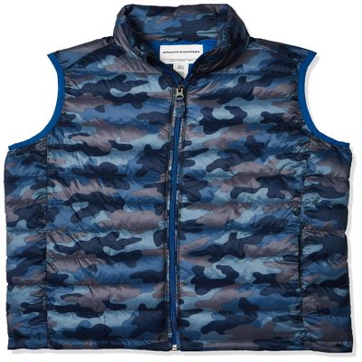 Amazon Essentials Boys' Lightweight Water-Resistant Packable Hooded Puffer Vest, Blue Camo, Small