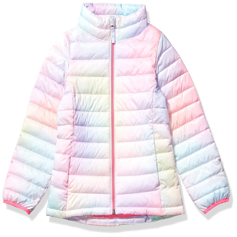 Amazon Essentials Girls' Lightweight Water-Resistant Packable Mock Puffer Jacket, Pink Ombre, X-Large