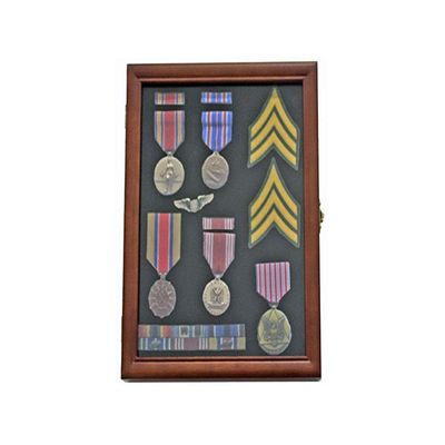flag connections Medal Display Case Award Shadow Box, with Glass Door, Wall Mountable, Walnut Finish
