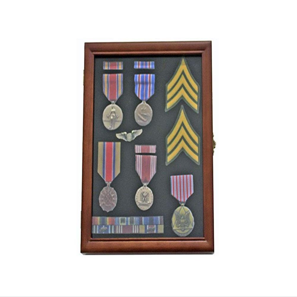 flag connections Medal Display Case Award Shadow Box, with Glass Door, Wall Mountable, Walnut Finish