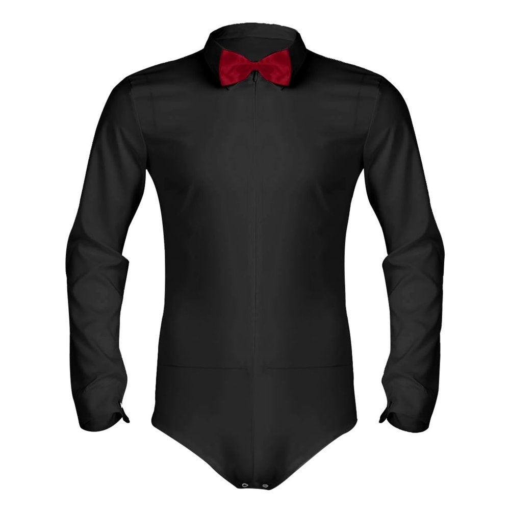 YEAHDOR Men's Long Sleeve Zipper Front Romper Dance Shirt One-piece Bowtie Leotard Black Medium
