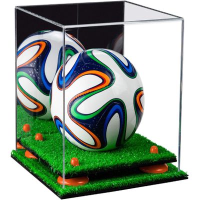 Better Display Cases Acrylic Mini - Miniature (not Full Size) Soccer Ball Display Case with Mirror Case, Orange Risers and Turf Base (B03/A015)
