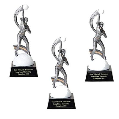 SHOP AWARDS AND GIFTS Customizable 8 Inch Hand Painted Silver Resin Female Volleyball Trophy, Includes Personalization - Pack of 3