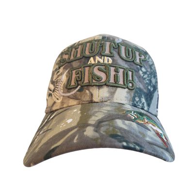 Artisan Owl Shut Up and Fish! Embroidered Fishing Cap - Adjustable Hook and Loop Closure (Camo)