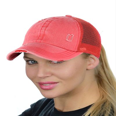 C.C Ponycap Messy High Bun Ponytail Adjustable Mesh Trucker Baseball Cap Hat, Distressed Coral