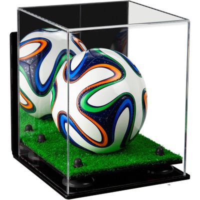 Better Display Cases Acrylic Mini - Miniature (not Full Size) Soccer Ball Display Case with Mirror Case, Black Risers, Wall Mount and Turf Base (B03/A015)