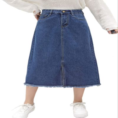 chouyatou Women's Mid-Calf Frayed Raw Hem Front Slit A-Line Midi Denim Jean Skirt (Medium, Dark Blue)