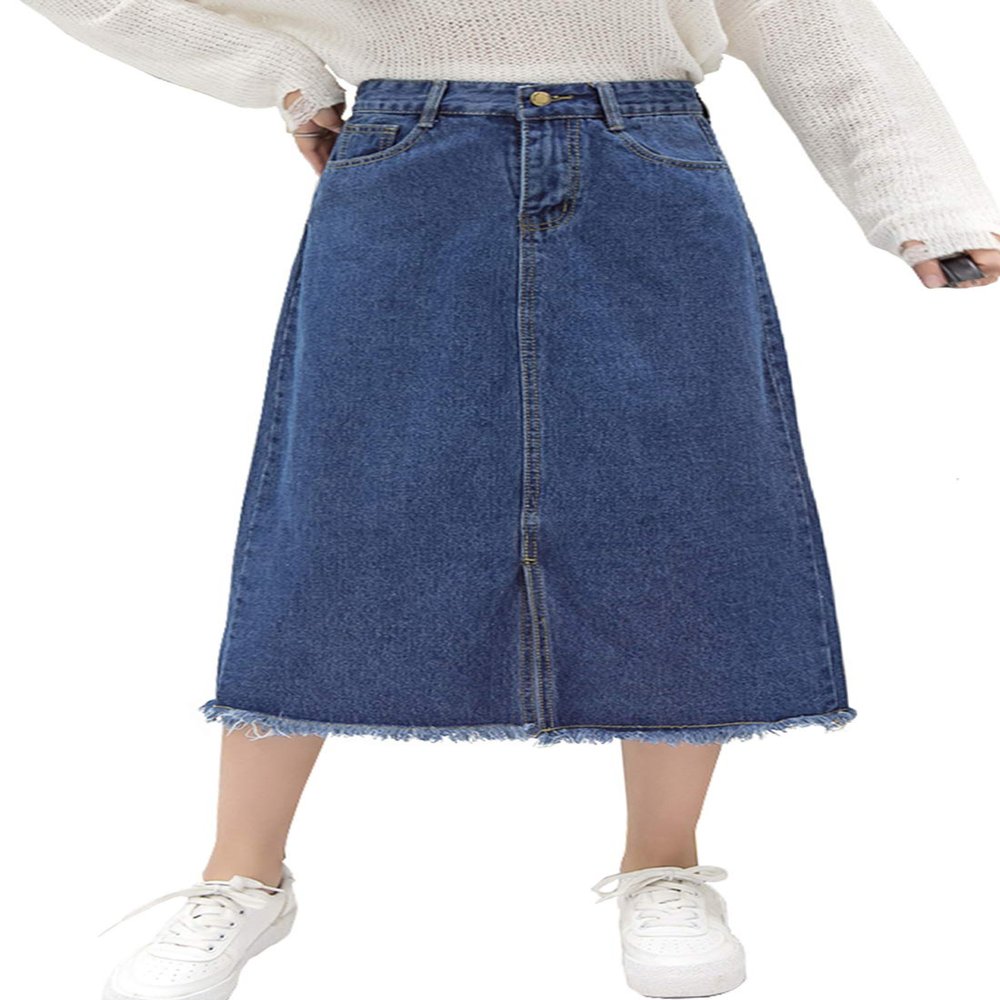 chouyatou Women's Mid-Calf Frayed Raw Hem Front Slit A-Line Midi Denim Jean Skirt (Medium, Dark Blue)