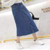 chouyatou Women's Mid-Calf Frayed Raw Hem Front Slit A-Line Midi Denim Jean Skirt (Medium, Dark Blue) view 3