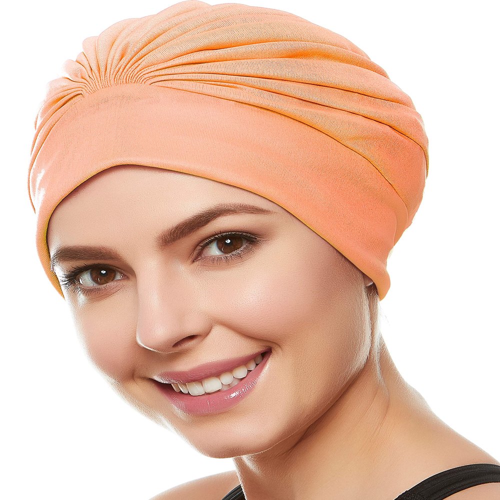 Beemo Swim Caps for Women Swimming Turban Polyester Latex Lined Pleated for Ladies - Orange