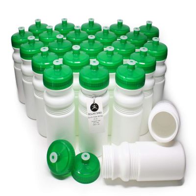 Rolling Sands Reusable Bulk Water Bottles 24 Pack - 20 Oz Sports Water Bottles, USA Made, BPA-Free, Wide Mouth for Easy Cleaning, Dishwasher Safe, Break Resistant - White Bottle/Green Lid