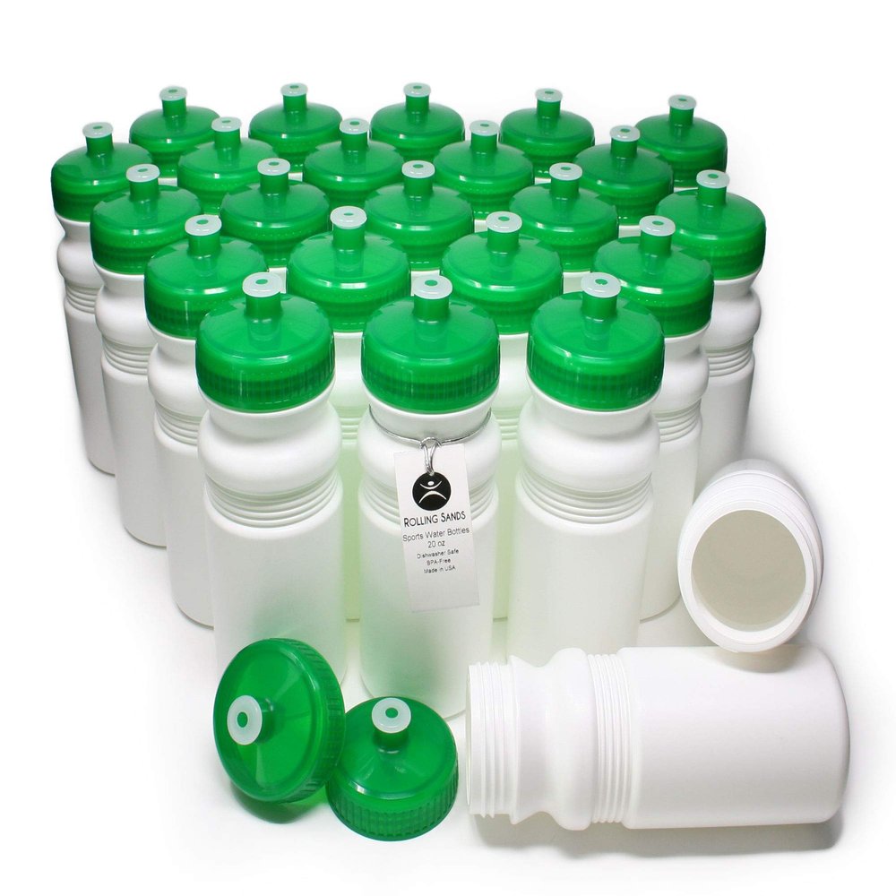 Rolling Sands Reusable Bulk Water Bottles 24 Pack - 20 Oz Sports Water Bottles, USA Made, BPA-Free, Wide Mouth for Easy Cleaning, Dishwasher Safe, Break Resistant - White Bottle/Green Lid
