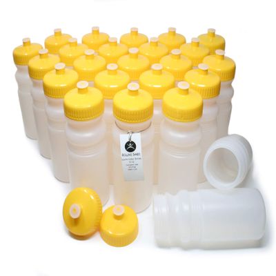 Rolling Sands Reusable Bulk Water Bottles 24 Pack - 20 Oz Sports Water Bottles, USA Made, BPA-Free, Wide Mouth for Easy Cleaning, Dishwasher Safe, Break Resistant - Clear Frost Bottle/Yellow Lid