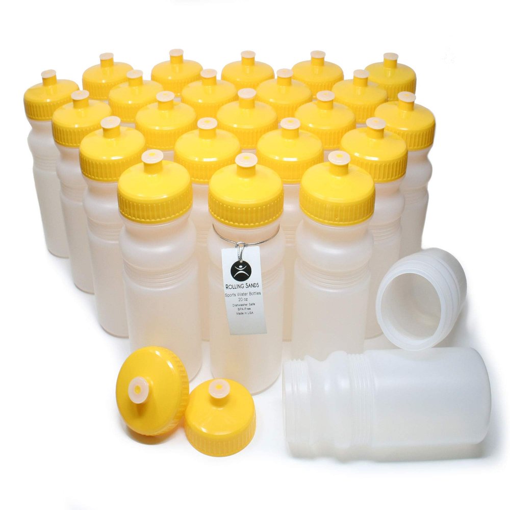Rolling Sands Reusable Bulk Water Bottles 24 Pack - 20 Oz Sports Water Bottles, USA Made, BPA-Free, Wide Mouth for Easy Cleaning, Dishwasher Safe, Break Resistant - Clear Frost Bottle/Yellow Lid