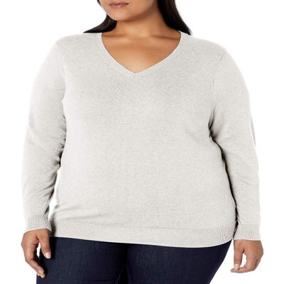 Amazon Essentials Women's Regular-Fit Lightweight Long-Sleeve V-Neck Sweater (Available in Plus Size), Ivory, 2X