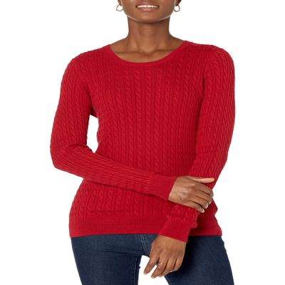Amazon Essentials Women's Lightweight Long-Sleeve Cable Crewneck Sweater (Available in Plus Size), Red, X-Small